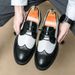Euro Step Black And White Men's Leather Shoes New British Business Height Increasing Brogue Derby Patchwork Casual Big Head_vogvips.com