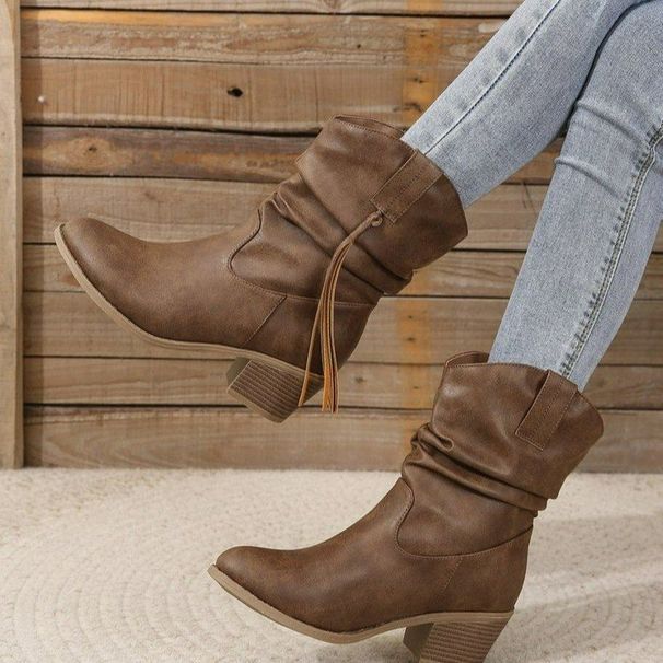 New Fashionable Mid Length Fashion Boots For Women In Plus Size, With Thick Heel And Pleated Cuffs, V-neck, Western_vogvips.com