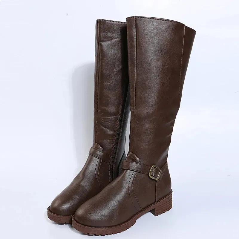 Retro Brown Knee High Large-sized Low Platform Long Autumn Pu Leather Zipper Womens Warm Boots 240911_vogvips.com