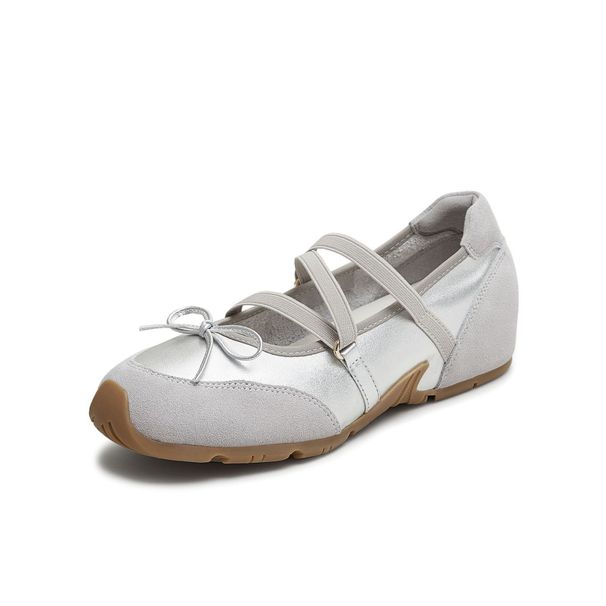 Celebrity Style~Sporty Ballet Mary Jane For Women, 2026 Spring New Model Silver Cross-Strap Shallow Single Shoes_vogvips.com