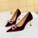 1818-K79 Banquet High Heels Korean Style Women's Xishi Velvet Shallow Mouth Pointed Toe Metal Pearl Rhinestone Buckle_vogvips.com