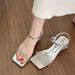Silver Crystal Sandals For Women 2024 Summer Dress Fairy Style Square Toe Chunky Heel One Strap Outdoor High Heels_vogvips.com