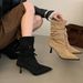 Women's Fashion Pointed Toe Stiletto Heel Ankle Boots - Slim Fit Suede Mid-Calf Boots With Buckle Detail High Heel Skinny Short Boots Women_vogvips.com