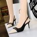 Women's shoes with thin heels, high heels, light mouth, color matching pointed metal chain decoration with hollow back strap single shoes_vogvips.com