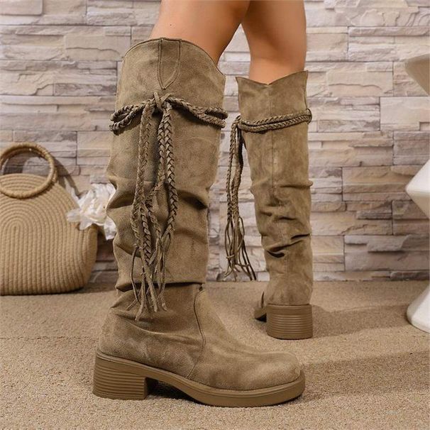 2025 New Retro Wasteland Style Fringed Rider Boots, Thick Heel But Not To The Knee, Long Boots, Slim-fitting, Piled Mid-calf Boots For Women_vogvips.com