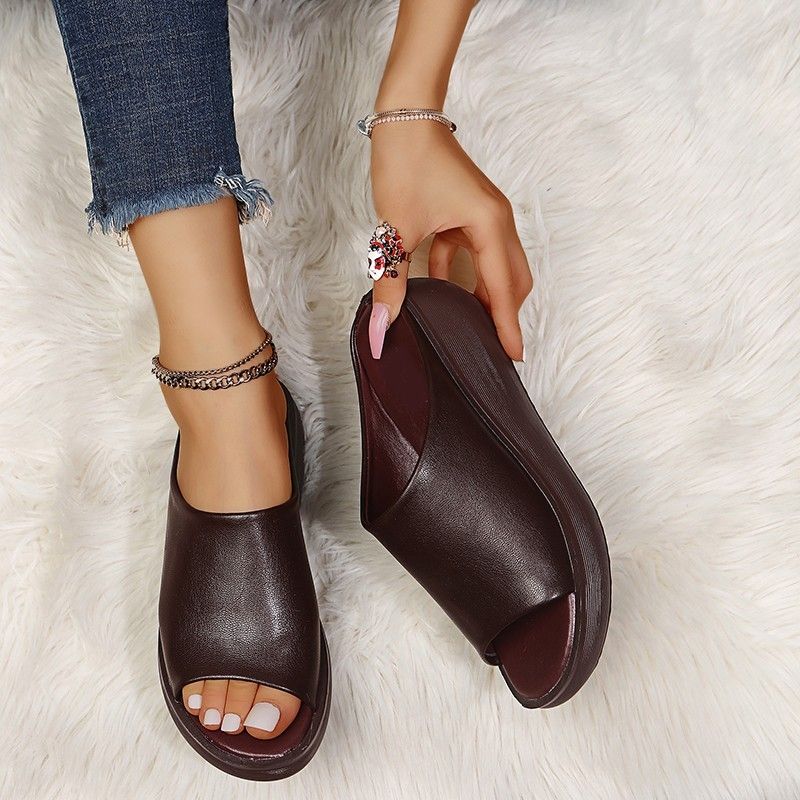 Summer Ladies Leather Sole Slippers Women Sexy High Heel Clogs Black Peep Toe Platform Mules Emal Slip On Sandals Shoes_vogvips.com