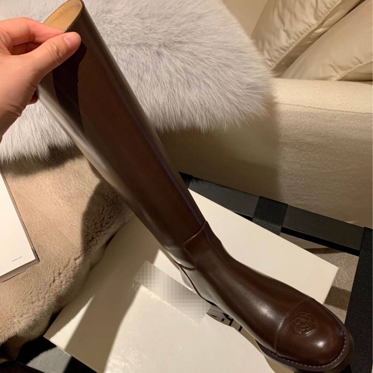 Women's High Knee Boots With Camellia Embroidery, Genuine Leather, Back Zipper, Low Heel, Round Toe, Winter & Fall Fashion_vogvips.com