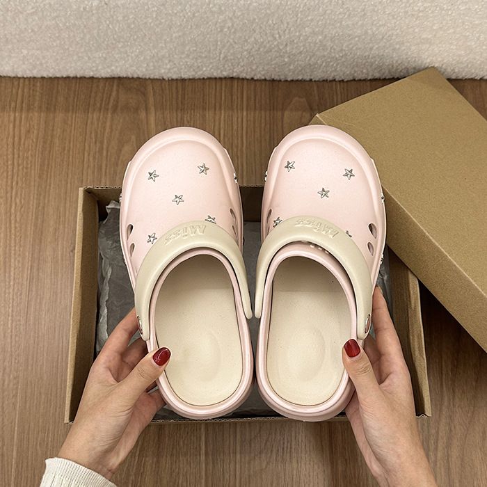 Women's Shoes Summer Korean Style Star Studded Women's Clogs Platform Height Increasing Fashionable Slip-On Closed Toe Sandals_vogvips.com
