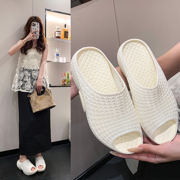 Summer New Women's Platform High-heeled Mesh Hollow Beach Shoes One-word Slippers_vogvips.com