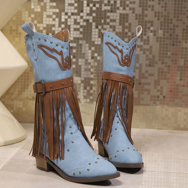 Women's Nude Ankle Boots New Tassel Riveted Belt Buckle Mid-Calf Large Size Thick Heel Matching Color Boots For Women_vogvips.com