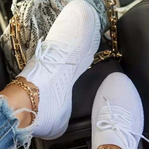 large size casual shoes thick-soled solid color lace-up fly-knit slip-on flat shoes_vogvips.com