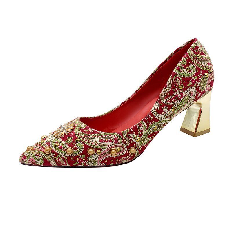Red Gold Pointed-toe High-heeled Shoes With Chinese Embroidery And Rhinestone Wedding Shoes, 5 Cm Thick Heel, High Quality, Red Shoes_vogvips.com