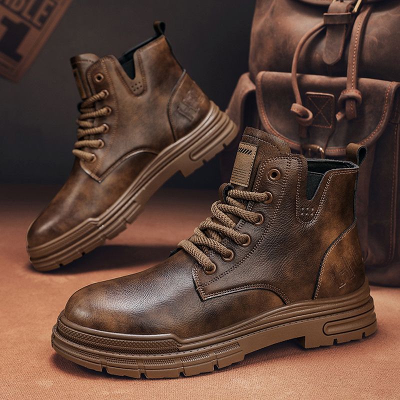 European Warm Series Martin Autumn Winter High-top British Style Casual Shoes Men's Soft Leather Brown Outdoor Work Short Boots_vogvips.com