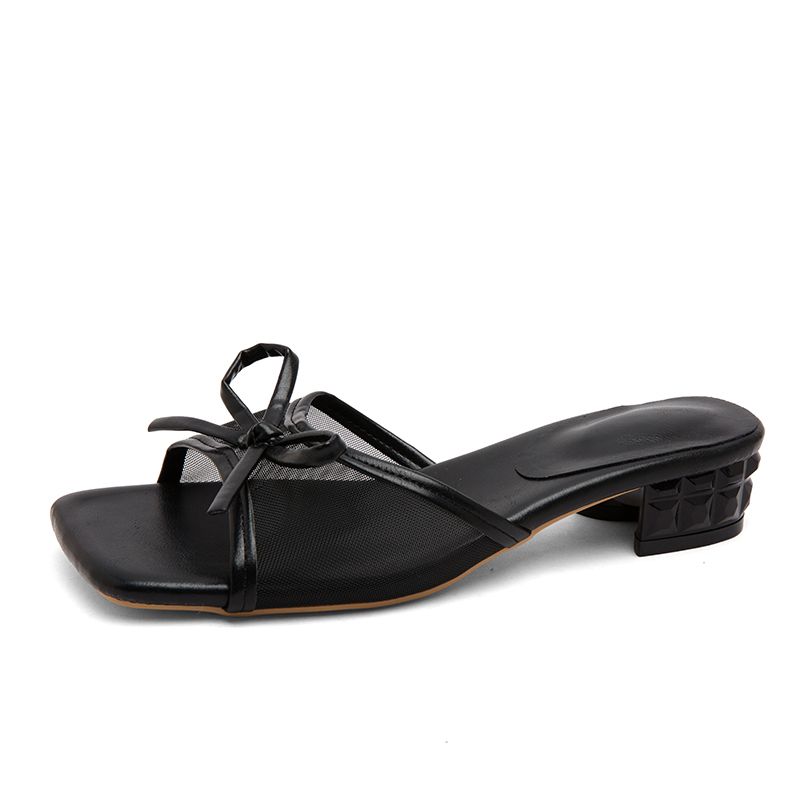 Summer Square Bow One-strap Slip-on Sandal With Thick Heel And 5cm Mid-heel - Versatile, Slip-on, Durable Women's Shoe_vogvips.com
