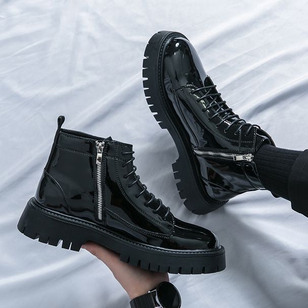 European Warm Series Martin British Style High Dark Series Shiny Leather Thick Sole Height Increasing Mid Top Inner Side Zipper Short Boots_vogvips.com
