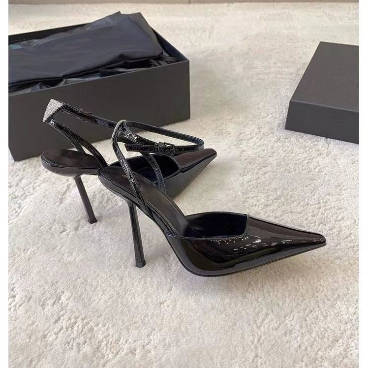 High Heels Women 2024 Spring New Nightclub Style Sexy Rhinestone Patent Leather Black Stiletto Strap Toe Sandals_vogvips.com