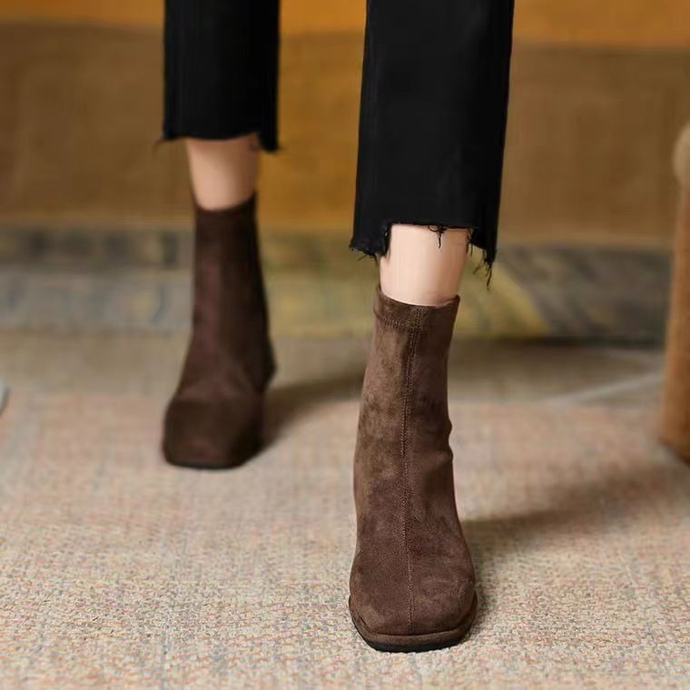 Frosted Chunky Heel Ankle For Women, New Autumn Winter Square Toe Back Zipper Martin Boots, Stretch Slim Boots_vogvips.com