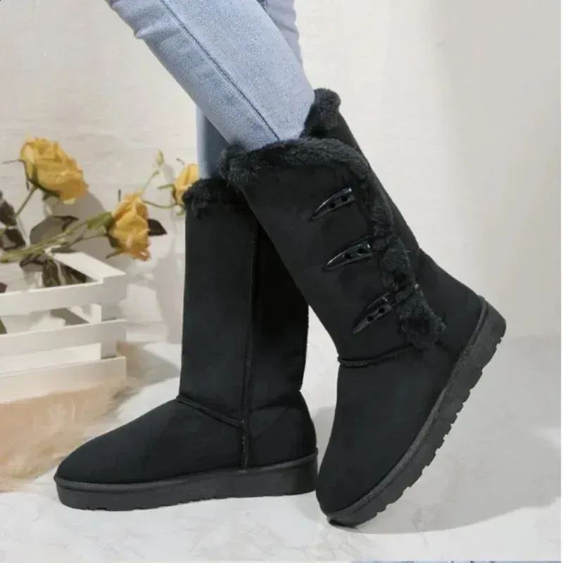 Women Snow Winter Mid-calf Warm Cotton Shoes Fashion Solid Color Button Ladies Brown Long Boots Plus Size 41 240830_vogvips.com