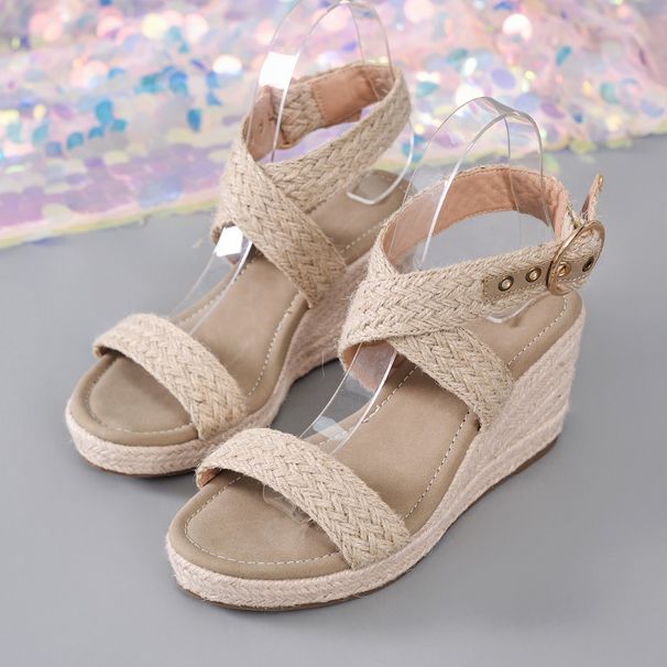 Women's Summer Woven Wedge Sandals Open Toe Cross Straps Thick Sole Fashionable Height Enhancing Casual Straw Weave Beach Vacation Shoes_vogvips.com
