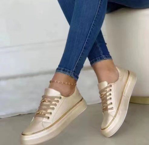 Women's Shoes Large Size Thick Bottom Chain Sports Style Shallow Mouth Single Shoes Leather Lace Flat Bottom Casual Shoes Wholesale_vogvips.com