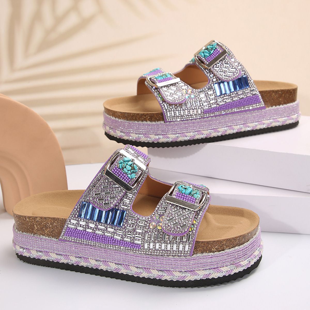 Summer Thick Soled Double Buckle Cork Slippers For Women Plus Size Rhinestone Rope Beach Slippers New Style_vogvips.com