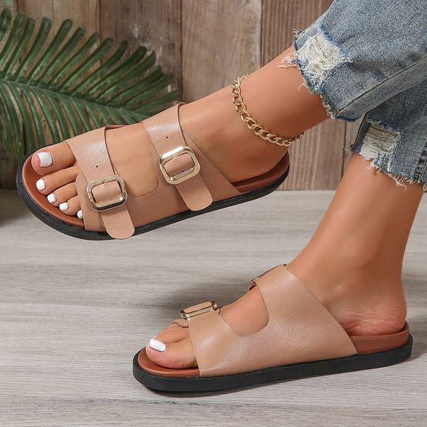 Double-layer Sole Slippers For Women, Summer Outdoor Wear, One-Strap Flat Slippers, Beach Flat Roman , European And American Style_vogvips.com