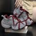 Rhinestone Chunky Sole Fashion Lace-Up Leather Casual Sneakers Women's Platform Height Increasing Shoes Round Toe Black Gray Angora Red_vogvips.com