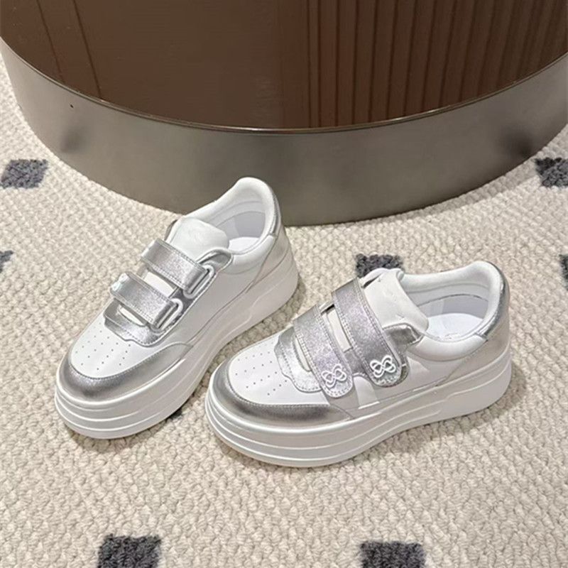 Women's Casual White Sneakers with Velcro round Toe Platform Shoes Height Increasing Autumn/Winter Style Canvas Student Footwear_vogvips.com
