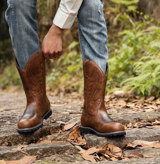 Mens Brown Western Cowboy Boots Leather For Outdoor Casual Country Daily Wear_vogvips.com