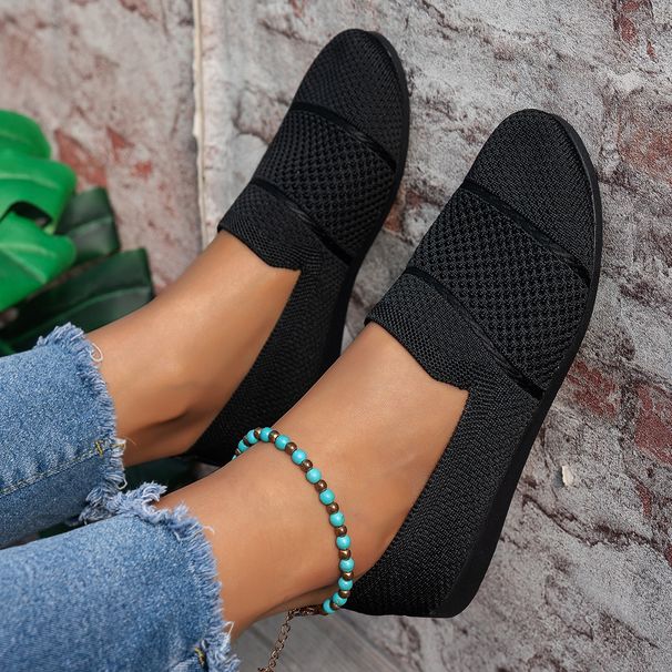 New Spring/Summer Flyknit Flat Bottom One Step Mom Shoes Fashion Round Head Solid Color Casual Single Shoes For Women_vogvips.com