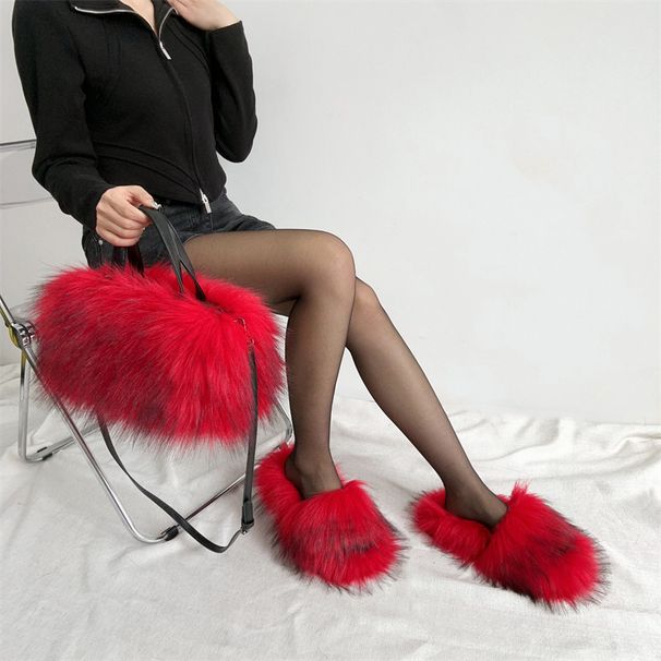 Women's Shoes Slippers Set Imitation Raccoon Fur Tote Bag Personality Punk Style Shoes And Bags_vogvips.com