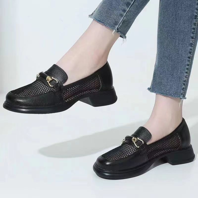Summer Loafers Hollow Out Women's Single New Mesh Breathable Flat Soft Leather Slip-On Lazy Shoes_vogvips.com