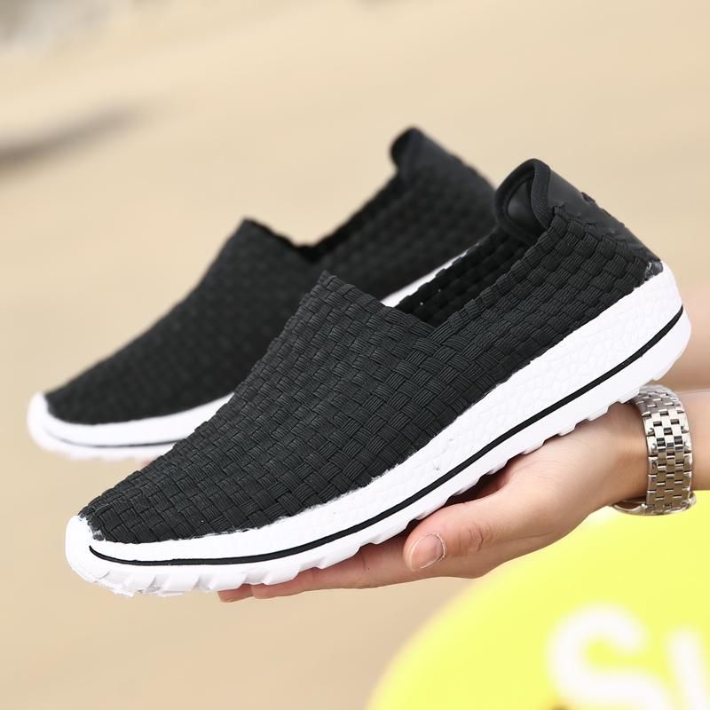 Summer Men Sneakers Black Braid Beach Soft Light Weight Sports Shoes Casual Weave Breathable Pierced Slip On Flats Tennis Sneakers_vogvips.com