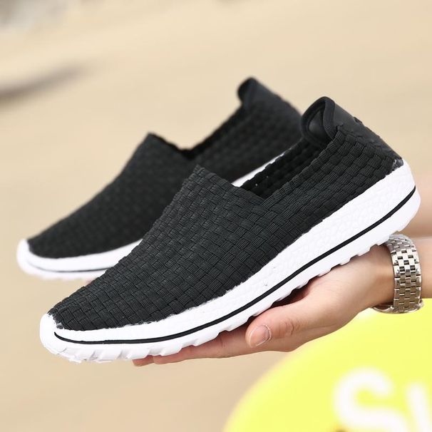 Summer Men Sneakers Black Braid Beach Soft Light Weight Sports Shoes Casual Weave Breathable Pierced Slip On Flats Tennis Sneakers_vogvips.com