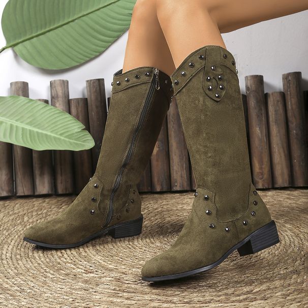 Vintage Western Cowgirl Boots For Women - Pointed Toe Chunky Heel Fashion Boots - Suede High Shaft Side Zipper Boots - Black/Brown/Green - Sizes 36-43_vogvips.com