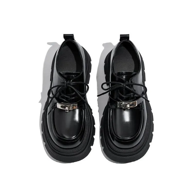 Thick-soled Black Small Leather French Platform Loafers Women's 23 New Autumn Mary Jane Single Shoes_vogvips.com