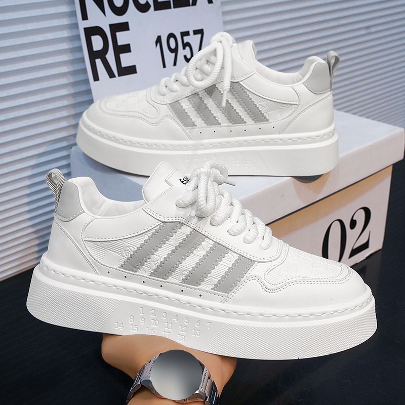 Men's Casual White Sneakers - Breathable Low-Top Lace-Up Shoes With Thick Sole For Everyday Comfort & Style_vogvips.com