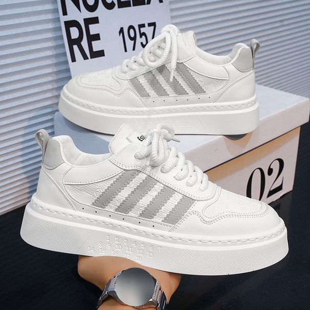 Men's Casual White Sneakers - Breathable Low-Top Lace-Up Shoes With Thick Sole For Everyday Comfort & Style_vogvips.com