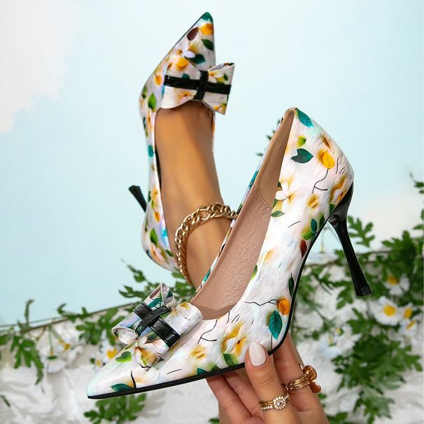Fashionable Women's Shoes With Printed Bow Accessories, High Heels, Pointed Toe Stilettos, Perfect For Vacations_vogvips.com