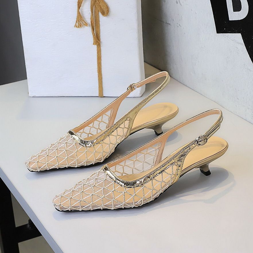 Pointed Single Shoes, Low-heeled Mesh Yarn, Breathable, Hollowed Out, Rear Strap Women's Shoes_vogvips.com
