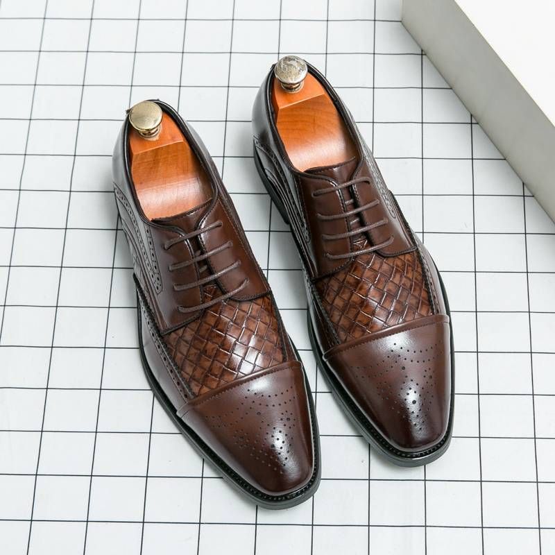 Men's Fashion Brown Brock Carved Men's Shoes Braided Blue Business Derby Shoes Lace-up Genuine Leather British Banquet Dress Wedding Leather_vogvips.com