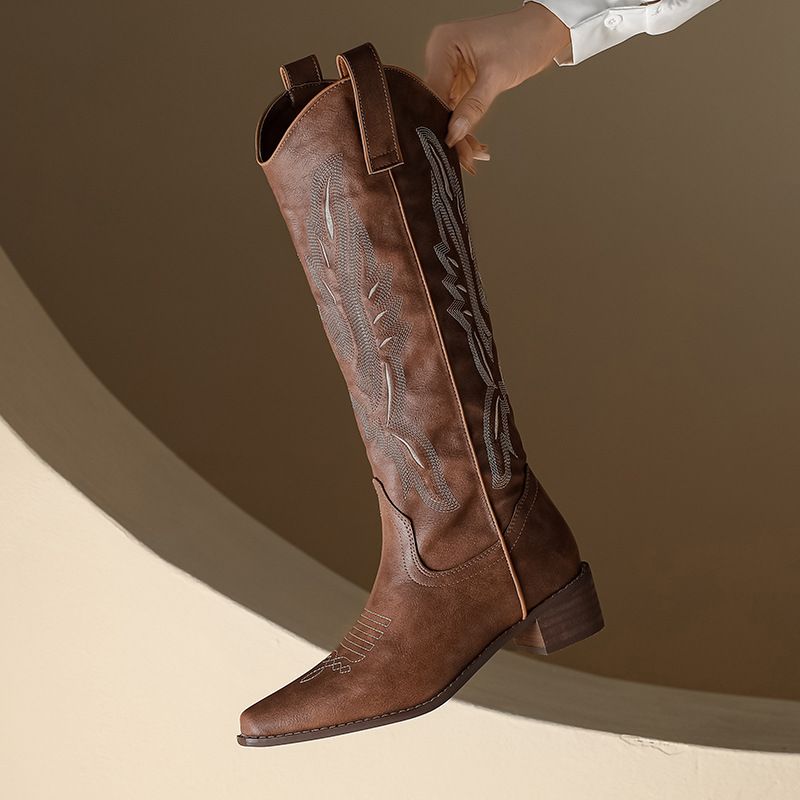 Embroidered Genuine Leather Long Over-the-Knee Boots For Women, Chunky Heel, Runway Style, Denim Stretchy Riding Boots,_vogvips.com