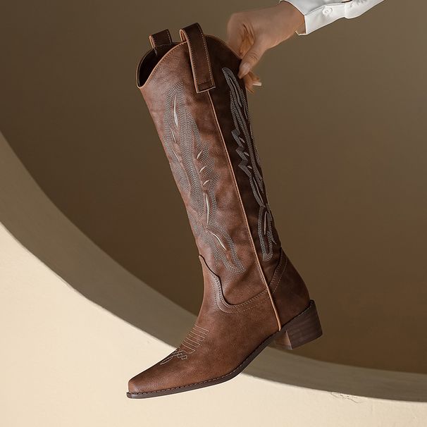 Embroidered Genuine Leather Long Over-the-Knee Boots For Women, Chunky Heel, Runway Style, Denim Stretchy Riding Boots,_vogvips.com
