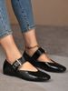 Women Multi‑Pattern Buckle Strap Mary Jane Flat Shoes, Square Toe Faux Leather Leopard Print Closed‑Toe Ballerinas, Soft Lightweight Flat Footwear_vogvips.com