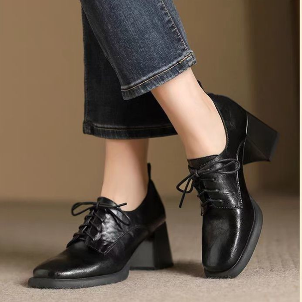 New Square-toed Lace-up Leather Deep-cut Shoes, 2025 Vintage Style, Autumn British-style High-heeled Women's Shoes_vogvips.com