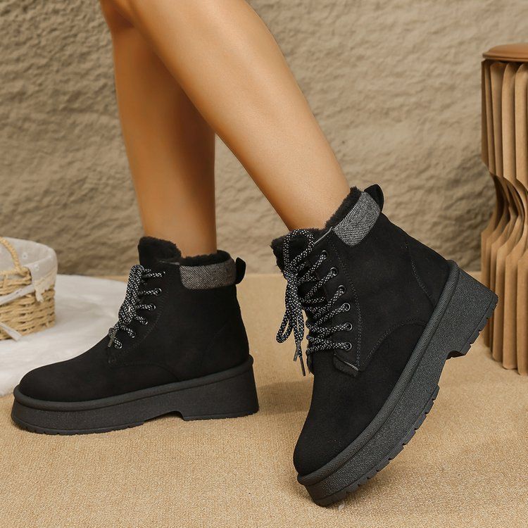 Women's Shoes Autumn/Winter New Style Solid Color Women's Cotton Boots Lace Up Ankle Boots Women's Warm Snow Boots Women's Shoes_vogvips.com