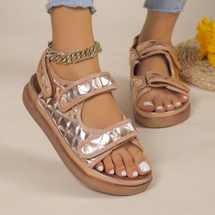 Medium-heeled Soft-soled Small Fragrant Style Velcro Sandals For Women Large Size Beach Sandals_vogvips.com