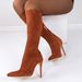 【Pre-sale | Ships In 15 Days】high Elastic Leather Boots With Pointed Side Zipper Suede Stiletto Mid-calf Boots Plus Size 43_vogvips.com