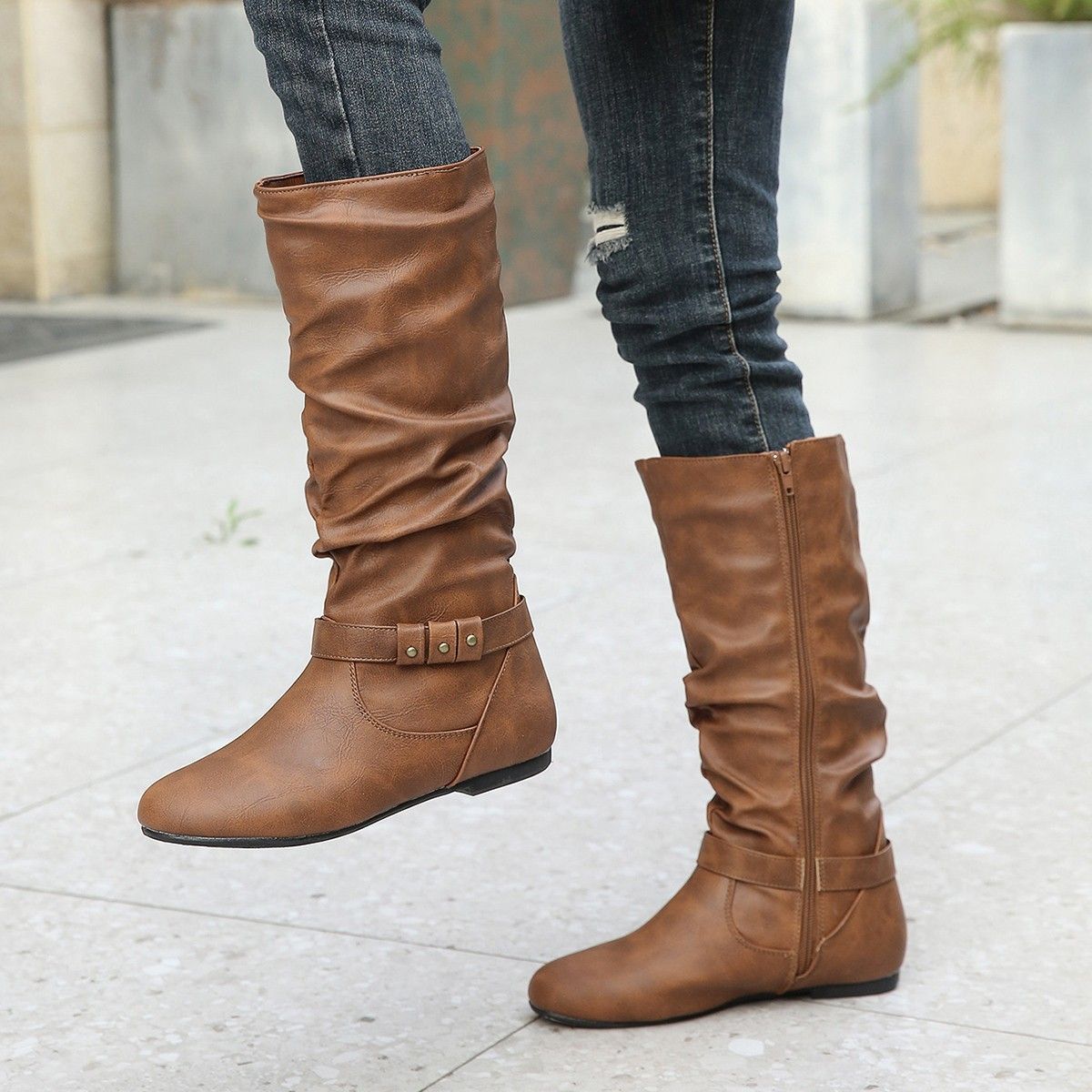 Women's Knee High Boots Round Toe Stacked Fold Flat Heel Western Riding Boots Winter Fashion Light Luxury Comfort Slouch High Riding Boots_vogvips.com