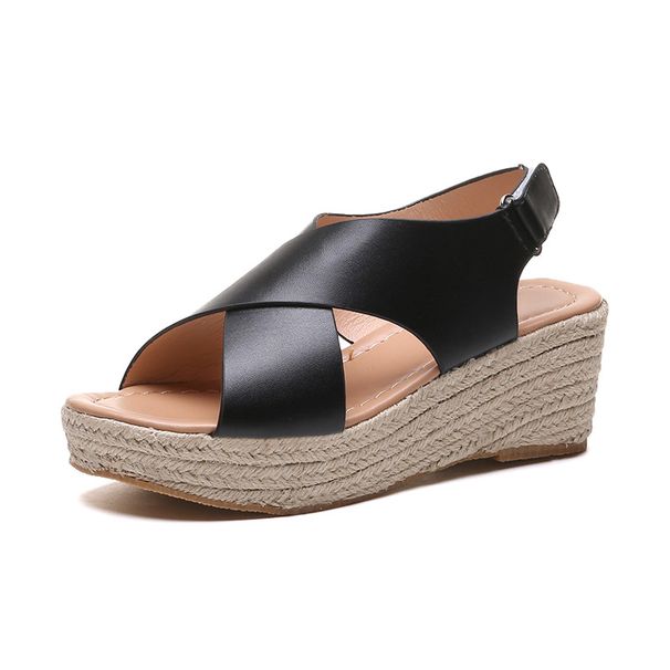 Plus-size Wedge Wish European And American Style, Straw-woven Open-toe Roman Sandals, Cross-strap Fish-mouth_vogvips.com